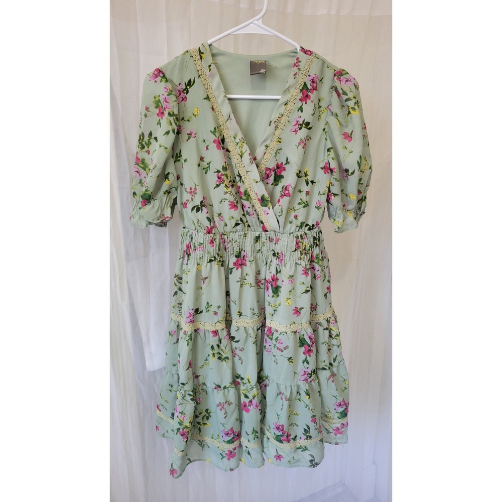 Taylor Floral V-Neck Bubble Puff Sleeve Mini Dress, Green Floral Size 6